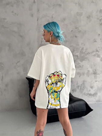 Unisex Bisiklet Yaka Baskılı Oversize Thirt  Beyaz