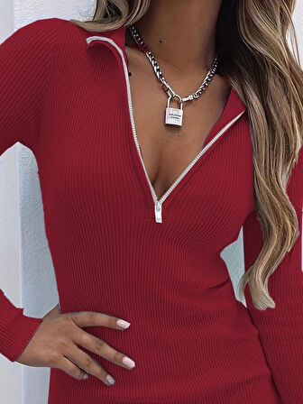 Kadın Uzun Kollu önden Fermuarlı Mini Kaşkorse Elbise