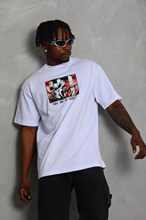 Unisex Oversize Baskılı Bisiklet Yaka Thirt  Beyaz