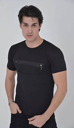 Erkek Göğüste Fermuar Aksesuarlı Dar Kalıp Thirt  iyah