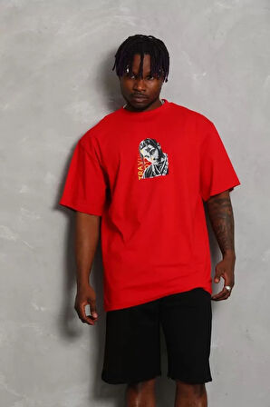 Unisex Oversize Baskılı Bisiklet Yaka Thirt  Kırmızı