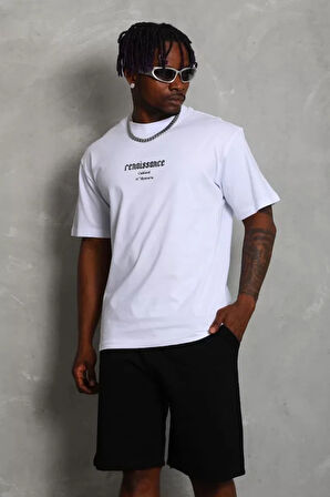 Unisex Oversize Baskılı Bisiklet Yaka Thirt  Beyaz