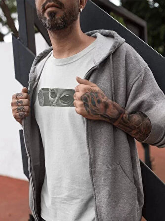 Unisex Bisiklet Yaka Baskılı Oversize Thirt  Beyaz