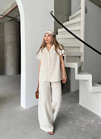 Keten Kısa Kollu Cepli Gömlek Pantolon Ikili Takım  Beyaz