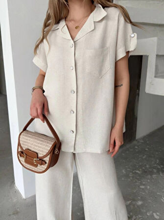 Keten Kısa Kollu Cepli Gömlek Pantolon Ikili Takım  Beyaz