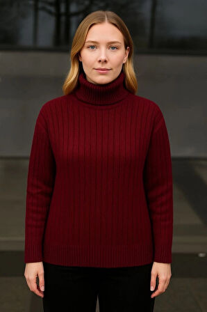 Balıkcı Yaka Bağazlı Triko Kazak Pamuklu Kalın Fitilli Dokuma  Bordo