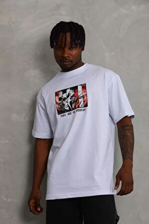 Unisex Oversize Baskılı Bisiklet Yaka Thirt  Beyaz