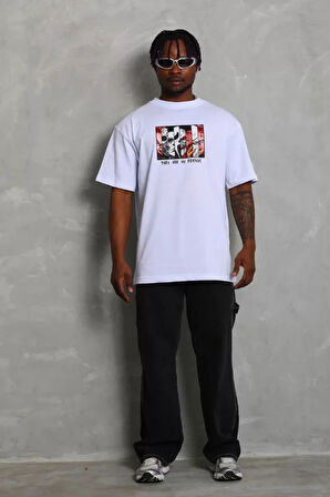 Unisex Oversize Baskılı Bisiklet Yaka Thirt  Beyaz