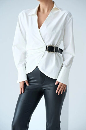 Kemerli Gömlek  Ekru