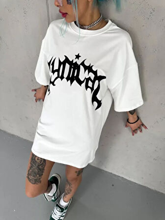 Unisex Bisiklet Yaka Baskılı Oversize Thirt  Beyaz