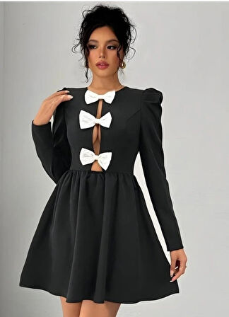 Kadın Dalgıç Kumaş Fiyonk Detaylı Uzun Kollu ini Boy Elbise