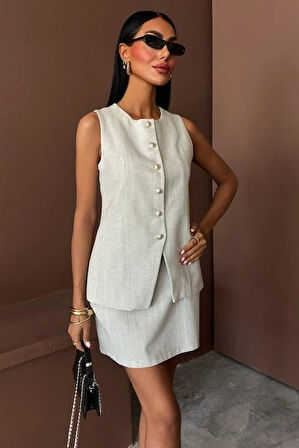 Uzun Yelek ini Etek Flamlı Keten Takım 10148