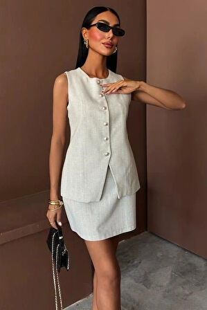 Uzun Yelek ini Etek Flamlı Keten Takım 10148