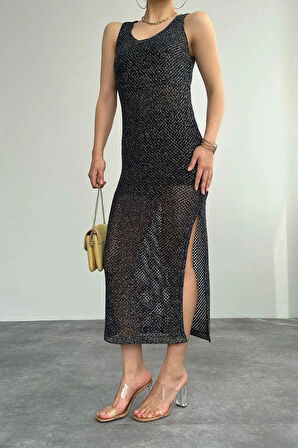 Simli Ajurlu Uzun Elbise  LacivertSarı