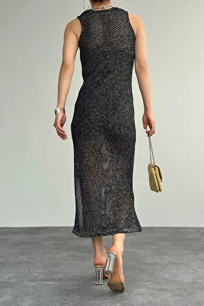 Simli Ajurlu Uzun Elbise  LacivertSarı