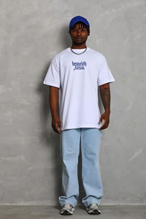 Unisex Oversize Baskılı Bisiklet Yaka Thirt  Beyaz