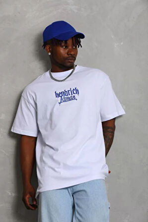 Unisex Oversize Baskılı Bisiklet Yaka Thirt  Beyaz