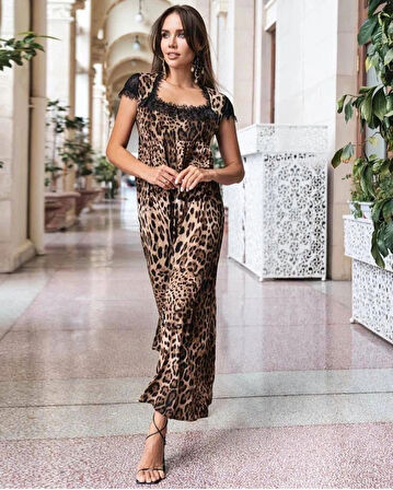 Kadın Leopar Desenli Dantelli Jesica Kumaş axi Boy Elbise