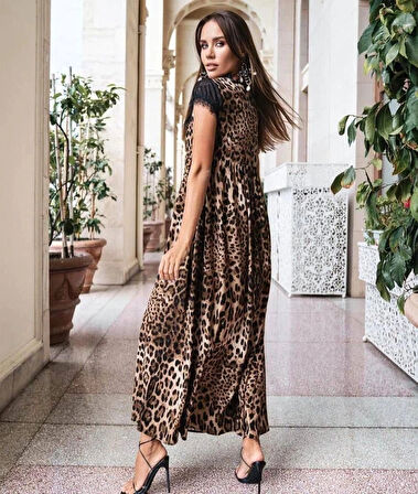 Kadın Leopar Desenli Dantelli Jesica Kumaş axi Boy Elbise