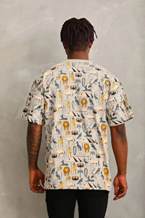 Unisex Oversize Baskılı Bisiklet Yaka Thirt  Gri