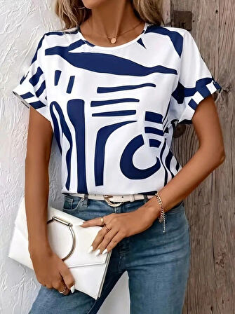 Kadın Kısa Kollu Yuvarlak Yaka Desenli Süprem Bluz