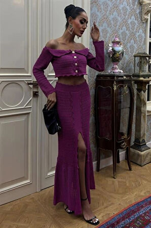 Madonna Yaka Derin Yırtmaç Etekli Şık Triko Takım 10099