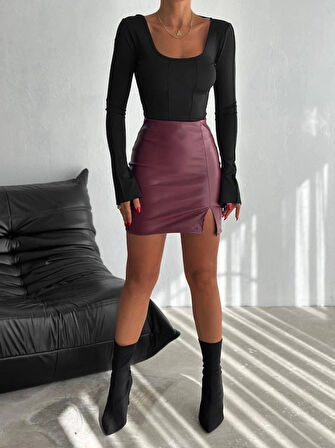 Kadın Yüksel Bel Yırtmaç Detay ini Deri Etek