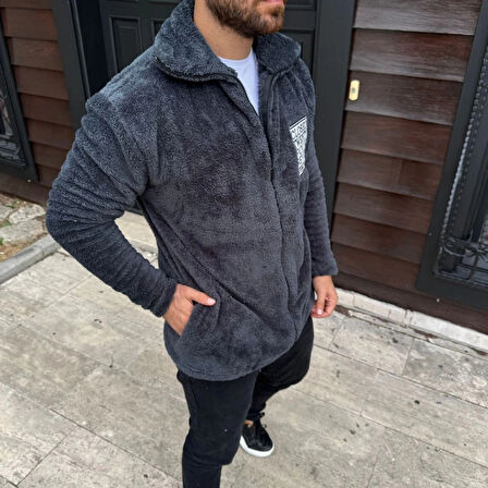 Erkek Polar Fermuarlı weatshirt – Kapüşonsuz, Cepli, Yumuşak Dokulu, Oversize Rahat Kalıp, Kışlık ıcak Tutan Fermuarlı Üst  Füme