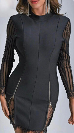 Kadın Kolları Ve Etek Ucu Dantel Detay Fermuar Dekolteli kuba Kumaş Mini Elbise