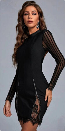 Kadın Kolları Ve Etek Ucu Dantel Detay Fermuar Dekolteli kuba Kumaş Mini Elbise