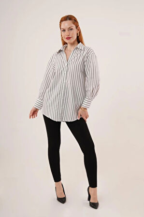 Çift Çizgi Geçişli Düğmeli Gri Gömlek