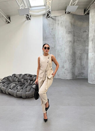 Ti̇na Asi̇metri̇k Keten Yelek Pantolon Takim