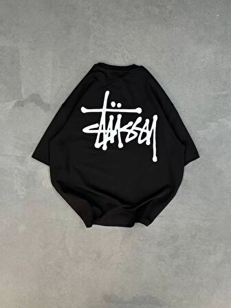 Unisex Bisiklet Yaka Baskılı Oversize Thirt  iyah