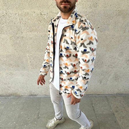 Erkek Tam Fermuarlı Desenli Polar weat – iyah ulticolor Figür Desen Yakalı, Uzun Kollu, Oversize Rahat Kalıp Beyaz