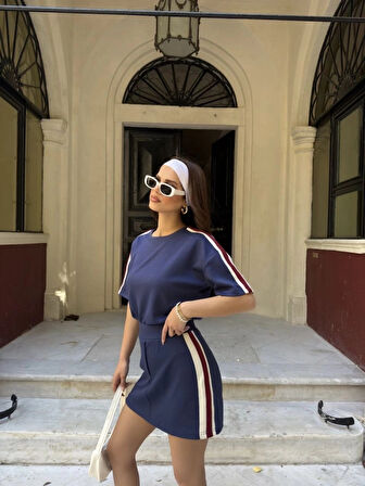 Osy odal Yumuşak Dokulu Kumaş Parçalı Bisiklet Yaka Tshirt ini Şortlu Etek İkili Takım acivert