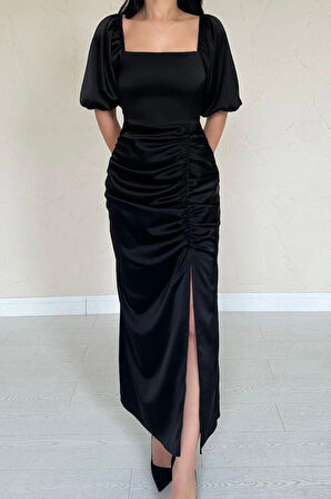 Siyah Büzgülü Saten Elbise