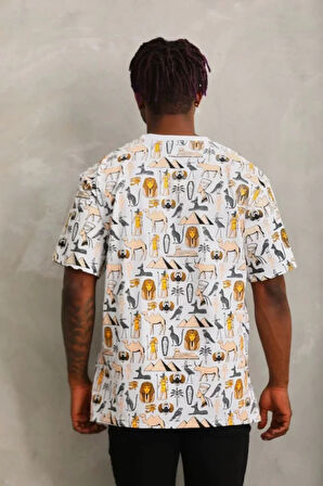 Unisex Oversize Baskılı Bisiklet Yaka Thirt  Beyaz