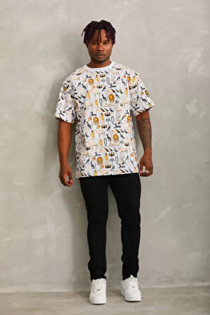 Unisex Oversize Baskılı Bisiklet Yaka Thirt  Beyaz