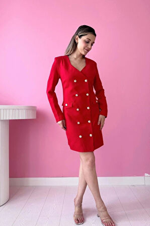 Kırmızı Gold Düğmeli Ceket Elbise
