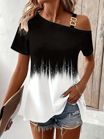 Kadın Tek Omuzdan Açık Askı Detaylı Desenli Süprem Bluz