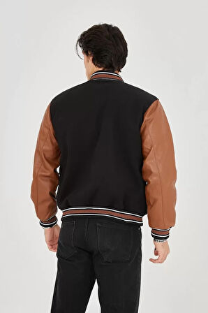 Erkek İçten Elyaf Ve Astarlı Kolları uni Deri Ceket  Kahverengi