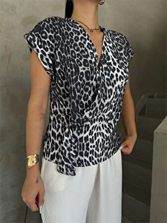 LEOPAR DEEN YANDAN BAĞLAA DETAYLI BLUZ  Gri