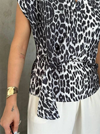 LEOPAR DEEN YANDAN BAĞLAA DETAYLI BLUZ  Gri