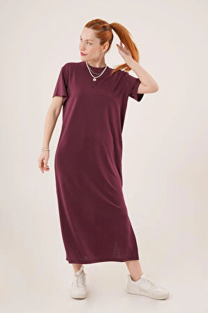 Yırtmaç Detaylı Kısa Kollu alaş axi Bordo Elbise