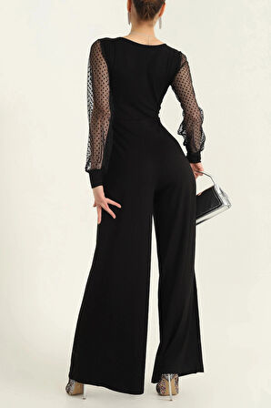 Kadın Derin V Yaka Kolları Puantiyeli Tül Detay Ispanyol Paça Tulum