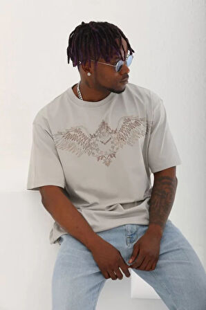 Unisex Oversize Taşlı Bisiklet Yaka Thirt  Gri