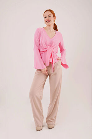 Ön Bağlamalı Volan Kol Pembe Bluz