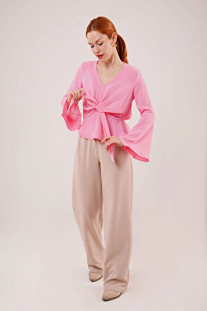 Ön Bağlamalı Volan Kol Pembe Bluz