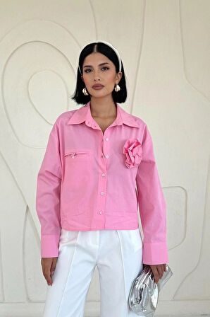 Pembe Fleto Cepli Poplin Gömlek