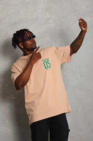 Unisex Oversize Baskılı Bisiklet Yaka Thirt  Bej